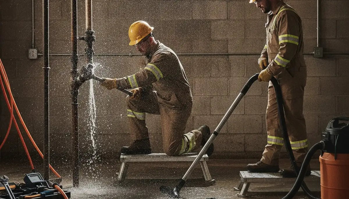 Emergency plumber repairing burst pipe in Pittsburgh, PA home