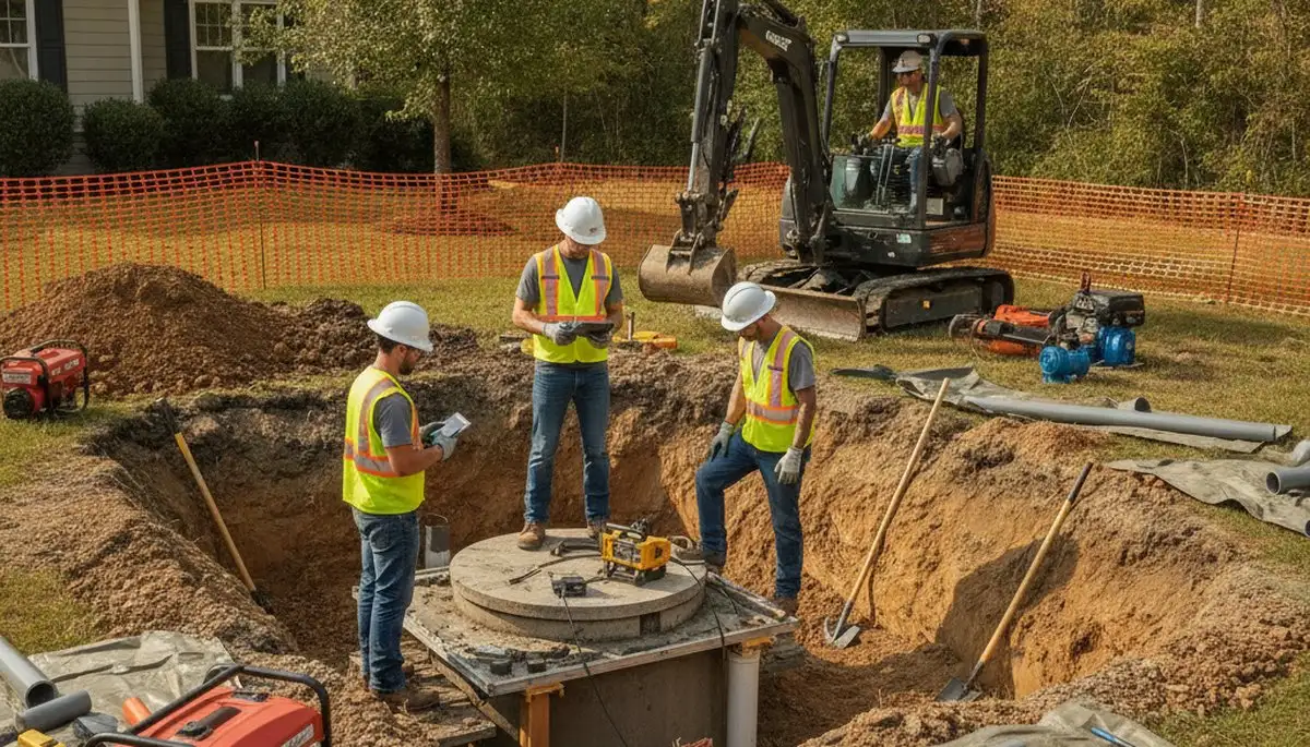 Septic repair service truck and technician at a Pittsburgh, PA home for On Call Plumbers