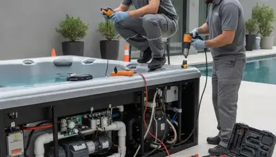 Spa repair technician in Pittsburgh, PA inspecting plumbing for a home spa system