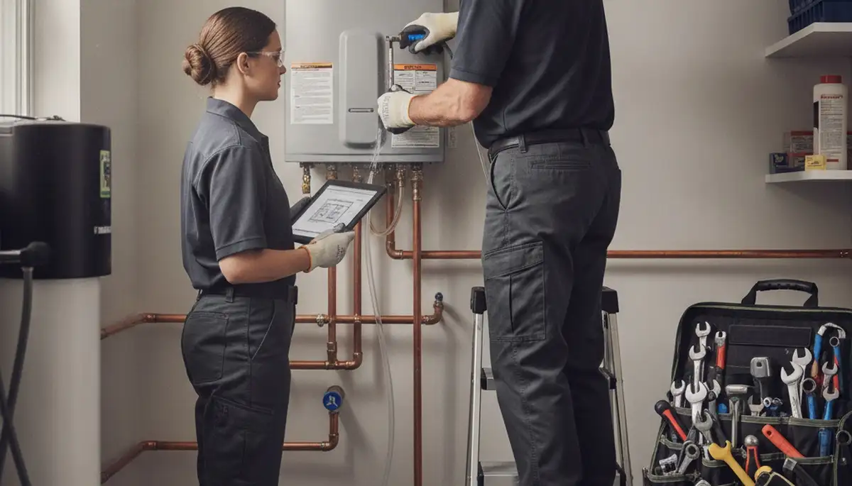 Tankless water heater installation by Pittsburgh, PA plumbers for reliable hot water in older homes